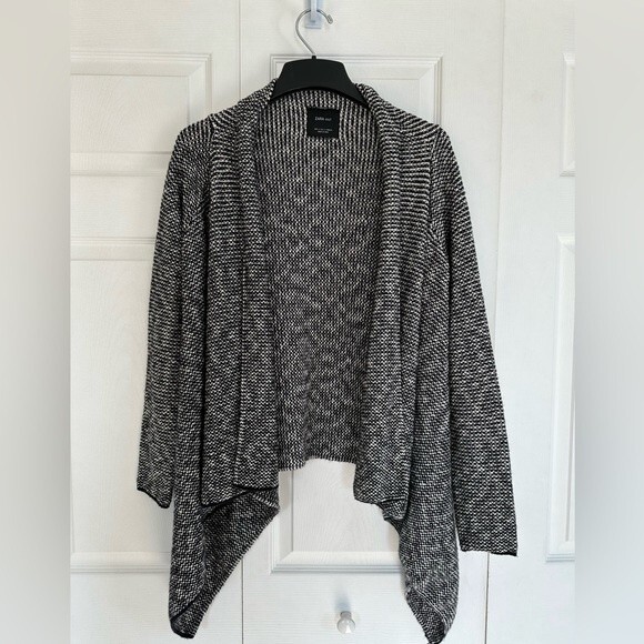 Zara Knit Open Front Cardigan Waterfall Black White Sweater Top Women’s Small - Picture 1 of 9